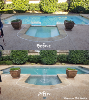 pool remodel McKinney, Texas: replaster with StoneScapes mini pebbles "carribean blue", replaced pool tile and deck o seal